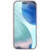 Różowe etui na telefon z zaokrąglonymi krawędziami, widoczne na tle abstrakcyjnej grafiki z niebieskimi i zielonymi okręgami. Produkt przeznaczony jest do Apple iPhone 17 i posiada funkcję MagSafe.