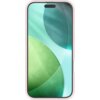 Różowe etui na telefon z widocznym ekranem, na którym znajdują się zielone i niebieskie okręgi na tle gradientu w odcieniach zieleni i błękitu.