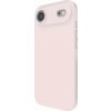 Różowe etui na telefon z wycięciami na aparat i przyciski boczne, wykonane z gładkiego materiału. Etui ma zaokrąglone krawędzie i jest przeznaczone do modelu Apple iPhone.
