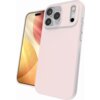 Różowe etui na telefon z trzema otworami na aparaty i jednym na lampę błyskową, obok widoczny telefon z kolorowym ekranem. Etui ma gładką powierzchnię i wycięcia na przyciski boczne.