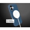 Niebieskie etui na telefon z widocznym białym, okrągłym akcesorium MagSafe przymocowanym z tyłu. Na zdjęciu znajduje się również napis "MagSafe Compatible" obok ikony telefonu.
