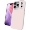 Różowe etui na telefon z trzema dużymi otworami na aparaty i jednym mniejszym na lampę błyskową, obok widoczny jest telefon z kolorowym ekranem w odcieniach różu i fioletu. Na boku etui znajdują się przyciski.