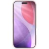 Różowe etui na telefon z zaokrąglonymi krawędziami, widoczne na tle abstrakcyjnej grafiki z fioletowymi i różowymi okręgami. Produkt przeznaczony jest do modelu Apple iPhone 17 Pro.