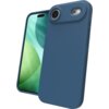Ciemnoniebieskie etui na telefon z widocznym otworem na aparat i przyciski boczne, obok telefonu z zielonymi okręgami na ekranie. Produkt to "Etui ZAGG Manhattan Snap Magsafe do Apple iPhone 17 Air Ciemnoniebieski".