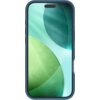 Ciemnoniebieskie etui na telefon z zaokrąglonymi krawędziami, widoczne na tle ekranu z abstrakcyjnym wzorem w odcieniach zieleni i turkusu. Produkt to "Etui ZAGG Manhattan Snap Magsafe do Apple iPhone 17 Air Ciemnoniebieski".