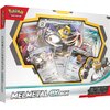 Opakowanie gry karcianej "Pokemon TCG Melmetal Ex Box" zawiera widoczne karty z postaciami Melmetal i Meltan oraz kolorowe ilustracje związane z grą. Na opakowaniu znajduje się logo "Pokemon Trading Card Game" oraz napis "Melmetal Ex Box".