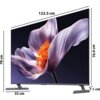 Telewizor z wyświetlaczem przedstawiającym kwiat w odcieniach fioletu i pomarańczu, z widocznymi wymiarami: 122,5 cm szerokości, 78 cm wysokości, 33 cm głębokości podstawy, 70,9 cm wysokości ekranu i 7,1 cm grubości. Na ekranie widoczny jest napis "XIAOMI".