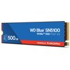 Na zdjęciu widoczny jest dysk SSD z oznaczeniem "WD Blue SN5100 NVMe SSD PCIe 4.0" oraz pojemnością "500 GB". Na czerwonym tle znajduje się napis "POWERED BY SANDISK".