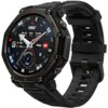 Czarny smartwatch z okrągłą tarczą, na której widoczne są wskazówki, cyfry, kierunki kompasu oraz informacje takie jak godzina, data, temperatura, wilgotność i prędkość wiatru. Na obudowie zegarka znajdują się przyciski z oznaczeniami "UP", "DOWN", "BACK"