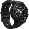 Czarny smartwatch z okrągłą tarczą, na której widoczne są wskazówki, cyfry, kompas oraz informacje takie jak godzina, data, temperatura i prędkość wiatru. Na tarczy znajdują się również napisy: "BIOCHARGE", "T-REX", oraz dni tygodnia i kierunki geograficz