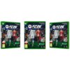 Na zdjęciu widoczne są trzy opakowania gry "EA SPORTS FC 26" na konsole XBOX ONE i XBOX SERIES X. Na okładkach znajdują się dwaj piłkarze w strojach sportowych, a w tle widać stadion z kibicami; widoczne są także oznaczenia wiekowe "3" oraz logo "PL".