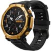 Złoty smartwatch z czarnym paskiem, posiada okrągły wyświetlacz z białymi cyframi i wskazówkami, na którym widoczne są napisy: "amazfit", "Altitude", "Air Pressure", "BioCharge", oraz data "THU 08". Na obudowie znajdują się przyciski z napisami: "UP", "DO