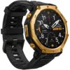 Złoty smartwatch z czarnym paskiem i okrągłą tarczą, na której widoczne są cyfry, wskazówki oraz napisy: "Altitude", "Air Pressure", "BioCharge", "amazfit", "THU 08". Na obudowie znajdują się przyciski z napisami: "UP", "DOWN", "SEL", "BACK", a na pasku w