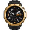 Złoty smartwatch z czarną tarczą, na której widoczne są białe cyfry, wskazówki oraz dodatkowe wskaźniki. Na tarczy znajduje się tekst: "Altitude", "Air Pressure", "BioCharge", oraz data "THU 08".