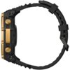 Czarny smartwatch z widocznymi złotymi przyciskami i elementami obudowy, na której znajduje się napis "amazfit". Pasek zegarka jest wykonany z tworzywa sztucznego i ma ząbkowaną strukturę.