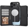Czarne etui TECH-PROTECT Wallet MagSafe do Apple iPhone 17 Pro Max z trzema kieszonkami na karty, miejscem na zdjęcie oraz okrągłym uchwytem MagSafe. Na etui widoczne jest logo "TECH-PROTECT".