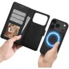 Czarne etui TECH-PROTECT Wallet MagSafe do Apple iPhone 17 Pro Max jest otwarte, ukazując trzy kieszonki na karty, miejsce na zdjęcie oraz przegródkę na banknoty. Obok znajduje się telefon z trzema obiektywami aparatu i niebieskim, świecącym okręgiem na t