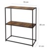 Czarno-brązowy regał z dwoma półkami, o wymiarach 70 cm szerokości, 85 cm wysokości i 31 cm głębokości. Konstrukcja wykonana z metalowych ram i drewnianych półek.