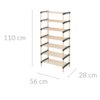Drewniany regał z siedmioma półkami, połączony czarnymi elementami, o wymiarach 110 cm wysokości, 56 cm szerokości i 28 cm głębokości. Na zdjęciu widoczne są wymiary regału zapisane jako "110 cm", "56 cm" i "28 cm".