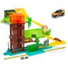 Zestaw zabawkowy "Tor DICKIE TOYS Garaż w dżungli 203338000" składa się z wielopoziomowej konstrukcji z elementami w kolorach zielonym, żółtym, pomarańczowym i brązowym, z widocznymi napisami "RANGER" oraz miarką długości 55 cm. Obok toru znajduje się mał