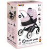 Pudełko z wózkiem dziecięcym "SMOBY Maxi-Cosi 7600253121" w kolorze różowym i czarnym, z widocznym logo "Smoby" oraz napisem "MAXI-COSI". Na opakowaniu znajdują się zdjęcia wózka w różnych konfiguracjach oraz oznaczenie "3 EN 1" i informacja "+3" wskazują