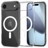 Przezroczyste etui TECH-PROTECT Flexair MagSafe do Apple iPhone 17 Air jest pokazane z przodu i z tyłu, z widocznym okrągłym wzorem MagSafe. Na etui znajduje się logo producenta "TECH-PROTECT".