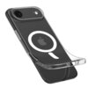 Przezroczyste etui na telefon z widocznym okrągłym symbolem i logo jabłka na czarnym tle, zaprojektowane do współpracy z MagSafe. Etui ma wycięcia na aparat i przyciski boczne.