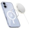 Przezroczysto-brokatowe etui na telefon z widocznym symbolem MagSafe, obok którego znajduje się okrągły, metaliczny dysk ładowarki. Etui ma wycięcia na aparat i przyciski, a jego powierzchnia jest ozdobiona drobnymi, błyszczącymi elementami.