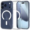 Przezroczyste etui TECH-PROTECT Flexair MagSafe do Apple iPhone 17 Pro jest pokazane z przodu i z tyłu, z widocznym białym wzorem w kształcie okręgu i linii. Na etui znajduje się logo TECH-PROTECT.