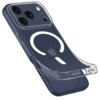 Przezroczyste etui TECH-PROTECT Flexair MagSafe do Apple iPhone 17 Pro jest pokazane na ciemnym tle, z widocznym okrągłym wzorem MagSafe i logo Apple. Etui ma wycięcia na przyciski i porty telefonu.