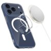 Przezroczyste etui na telefon z trzema dużymi otworami na aparaty oraz białym symbolem MagSafe na tylnej części. Obok etui znajduje się okrągła ładowarka MagSafe z kablem.