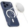 Przezroczyste etui TECH-PROTECT Flexair MagSafe do Apple iPhone 17 Pro Max jest przedstawione z widocznym logo Apple i okręgiem MagSafe. Obok etui znajduje się okrągły, biały dysk MagSafe z podłączonym kablem.