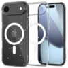 Przezroczysto-brokatowe etui TECH-PROTECT Flexair MagSafe do Apple iPhone 17 jest widoczne na zdjęciu, z wyraźnym okrągłym wzorem MagSafe i logo producenta. Etui ma błyszczące drobinki i jest pokazane na tle telefonu.