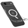 Przezroczysto-brokatowe etui TECH-PROTECT Flexair MagSafe do Apple iPhone 17 jest pokazane w lekkim zgięciu, z widocznym okrągłym wzorem MagSafe i logo Apple na środku. Etui ma brokatowe wykończenie, a na górze widoczny jest otwór na aparat i lampę błysko