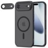 Czarne matowe etui na telefon z okrągłym wzorem na środku, przeznaczone do modelu Apple iPhone 17 Air, z widocznym logo Apple. Obok etui znajduje się dodatkowy element z otworami na aparat i lampę błyskową.
