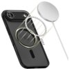 Czarne matowe etui na telefon z widocznym okrągłym wzorem na środku, obok którego znajduje się okrągły, płaski element z kablem. W tle widać promienie wskazujące na magnetyczne połączenie między etui a elementem.
