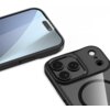 Czarno-przezroczyste etui na telefon z trzema widocznymi obiektywami aparatu oraz okrągłym wzorem na tylnej części. Obok znajduje się ekran telefonu z wycięciem na kamerę i głośnik.