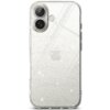 Przezroczyste etui z brokatowym wykończeniem, zaprojektowane dla telefonu Apple iPhone 17, z widocznymi wycięciami na aparat i logo Apple. Powierzchnia etui jest pokryta drobnymi, błyszczącymi cząsteczkami.