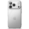 Przezroczyste etui na telefon z trzema dużymi otworami na aparaty oraz mniejszymi na inne elementy, z widocznym logo w kształcie nadgryzionego jabłka na środku. Etui ma gładką powierzchnię i zaokrąglone krawędzie.