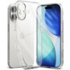 Przezroczyste etui na telefon jest pokazane obok smartfona, na którym widoczny jest ekran z niebiesko-zielonymi okręgami. Etui ma wycięcia na przyciski i aparat, a na telefonie widać logo w kształcie jabłka.