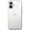 Przezroczyste etui na telefon z widocznymi wycięciami na dwa obiektywy aparatu i logo w kształcie nadgryzionego jabłka. Etui ma gładką powierzchnię i delikatne zaokrąglenia na krawędziach.