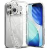 Przezroczysto-brokatowe etui RINGKE Air do Apple iPhone 17 Pro jest pokazane na tle telefonu, z widocznymi wycięciami na aparat i przyciski. Etui ma delikatne brokatowe drobinki, które dodają mu połysku.