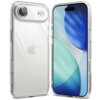 Przezroczyste etui na telefon z widocznym logo Apple, obok telefonu z wyświetlaczem pokazującym abstrakcyjną grafikę w odcieniach niebieskiego i zielonego. Etui ma wycięcia na aparat i przyciski.