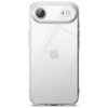 Przezroczyste etui na telefon z widocznym logo Apple, z wycięciami na aparat i lampę błyskową. Produkt ma gładką powierzchnię i zaokrąglone krawędzie.