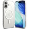 Przezroczyste etui RINGKE Fusion Magnetic MagSafe do Apple iPhone 17 jest pokazane z przodu i z tyłu, z widocznym okrągłym wzorem MagSafe. Na ekranie telefonu widoczna jest abstrakcyjna grafika w odcieniach niebieskiego i zielonego.