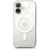 Przezroczyste etui na telefon z widocznym okrągłym wzorem MagSafe i logo w kształcie jabłka. Etui posiada wycięcia na dwa obiektywy aparatu i dodatkowy otwór na lampę błyskową.