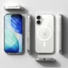 Przezroczyste etui na telefon z widocznym okrągłym wzorem MagSafe i logo w centralnej części, przedstawione z różnych perspektyw. Obok etui znajduje się telefon z wyświetlaczem pokazującym abstrakcyjną grafikę w odcieniach niebieskiego i zielonego.