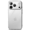 Przezroczyste etui na telefon z trzema dużymi otworami na aparaty oraz mniejszymi otworami na inne elementy, z widocznym logo w kształcie nadgryzionego jabłka na środku. Etui ma gładką powierzchnię i zaokrąglone krawędzie.