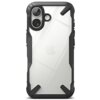 Czarno-przezroczyste etui na telefon z widocznymi wzmocnieniami na rogach, przez które prześwituje logo w kształcie nadgryzionego jabłka. Etui ma wycięcia na dwa obiektywy aparatu i lampę błyskową.