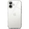 Przezroczyste etui na telefon z widocznymi dwoma otworami na aparaty oraz logo w kształcie nadgryzionego jabłka. Etui ma gładką powierzchnię i zaokrąglone krawędzie.